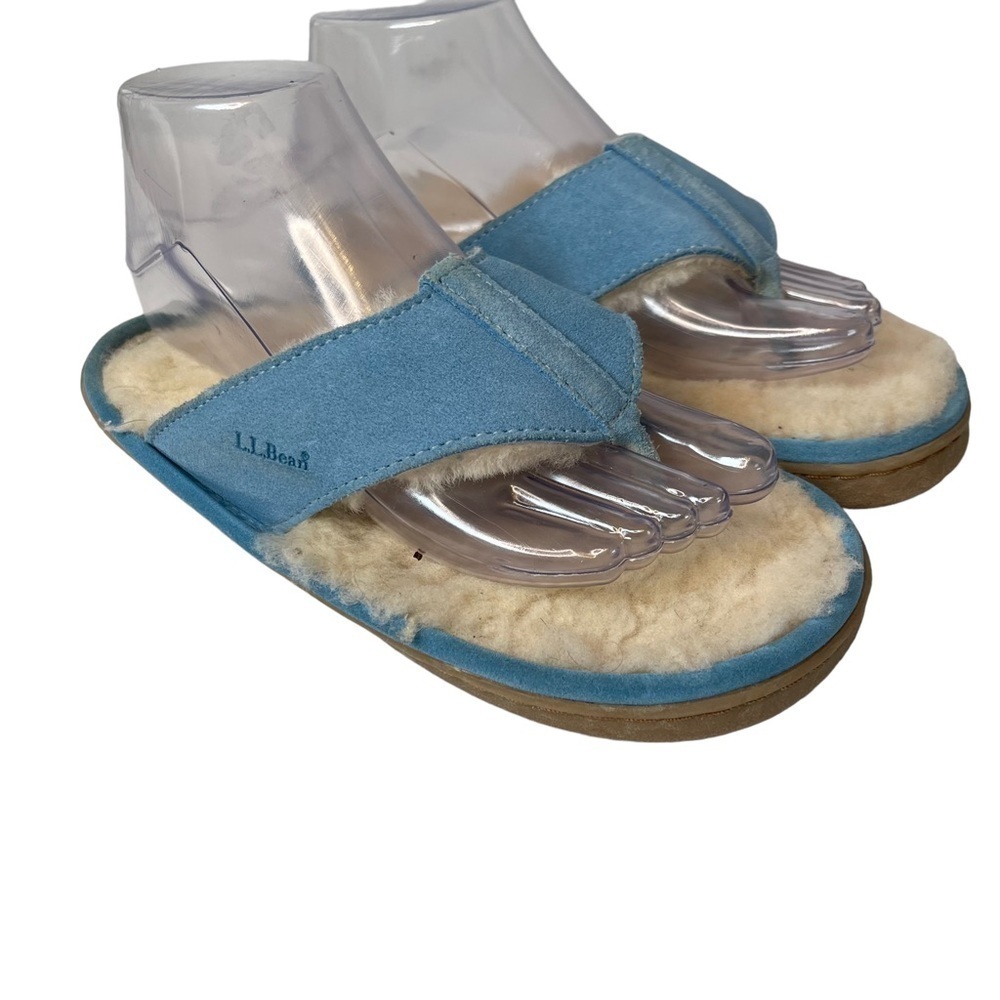 L.L. Bean Wicked Good Light Blue Thong Sherpa Cozy Furry Slippers Size 6 Medium